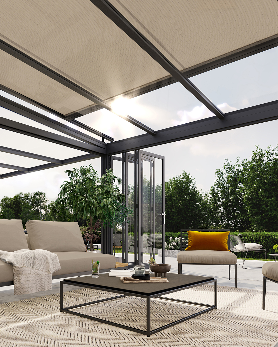 Innenansicht eines offenen Wintergartens ausgestattet mit der Aufglasmarkise mx 7800..jpg